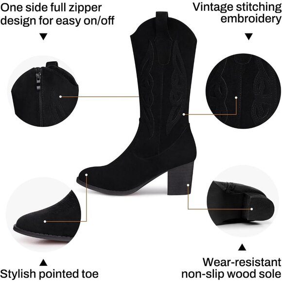 Women 1828-black Suede leather Embroidered Country Heel Pointed Toe Booties - Picture 5 of 6